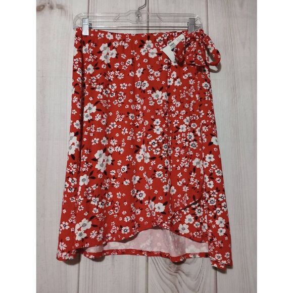 Loveappella Skirt Ladies Medium Red Floral Midi Pull On‎ Waist - Picture 1 of 7